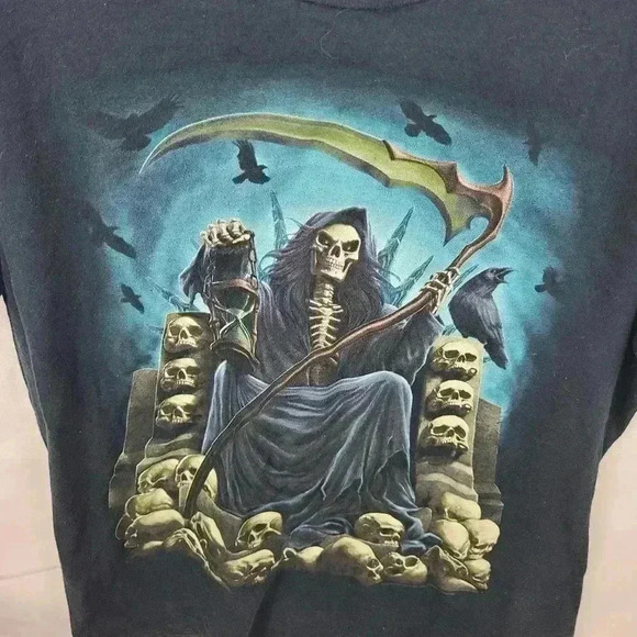 Dom Grim Reaper Skull Graphic Print Short Sleeve T-Shirt - Picture 3 of 3